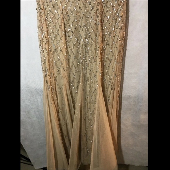 $328 Adrianna‎ Papell Cap Sleeve Beaded Mesh Gown Champagne [Petite 2P ]